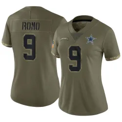 Women's Tony Romo Dallas Cowboys No.9 Limited 2022 Salute To Service Jersey - Olive